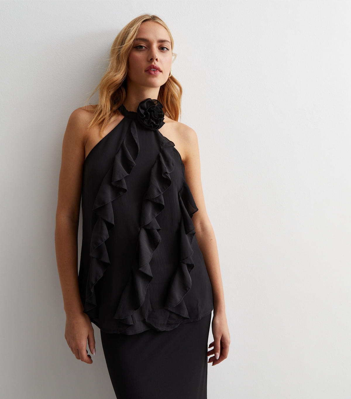 Women's Black Ruffle Halter Neck Top Gini London New Look