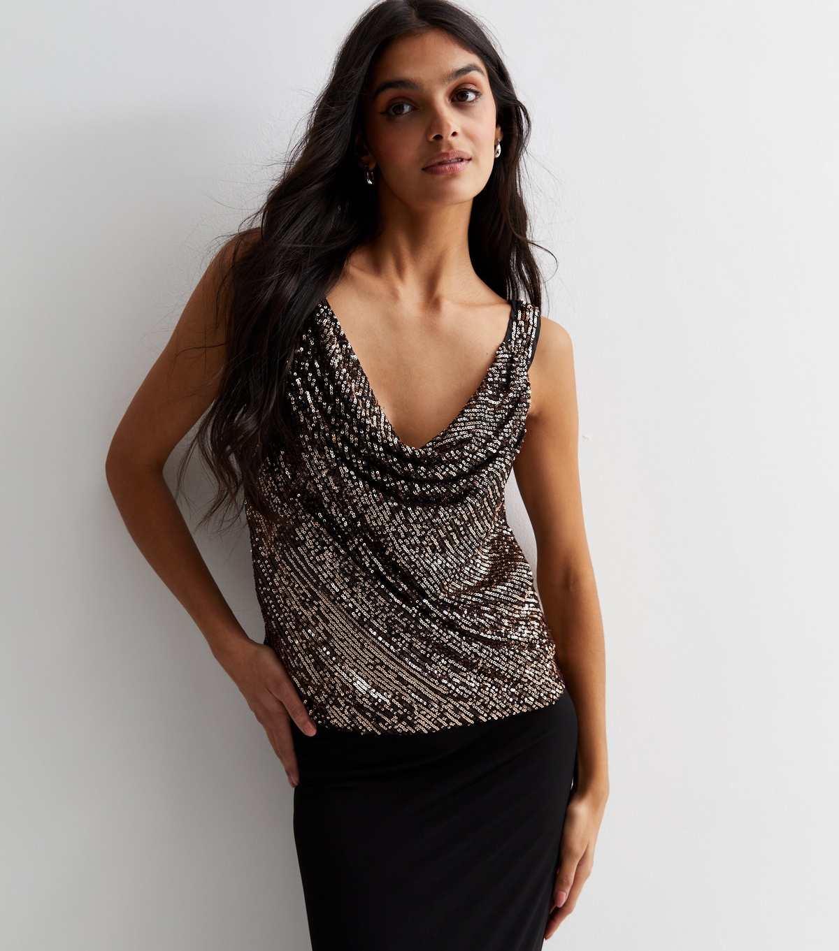 Women's Black Sequin Cowl Neck Top Gini London New Look