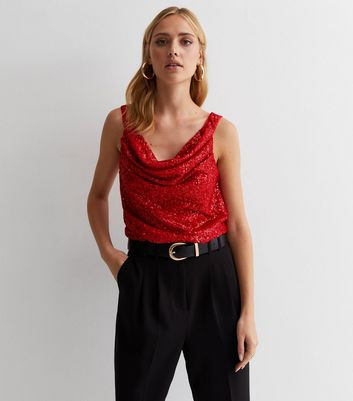 Gini London Red Sequin Cowl Neck Top New Look