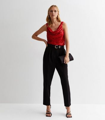 Gini London Red Sequin Cowl Neck Top | New Look