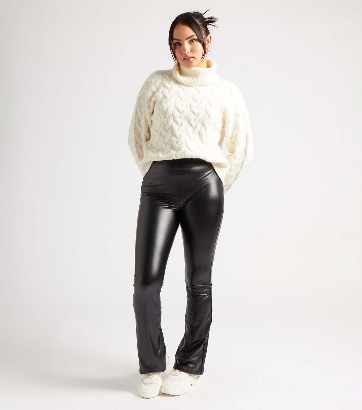 Women's Black Leather-Look Flared Trousers Urban Bliss New Look