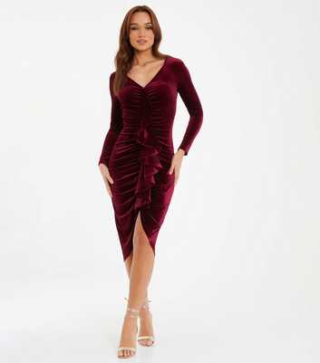 QUIZ Burgundy Velvet Long Sleeve Frill Bodycon Midi Dress