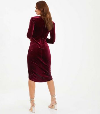 QUIZ Burgundy Velvet Long Sleeve Frill Bodycon Midi Dress New Look