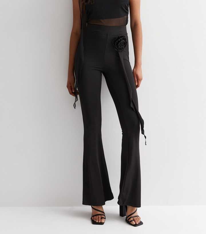 Cameo Rose Black Flower Corsage Flared Trousers