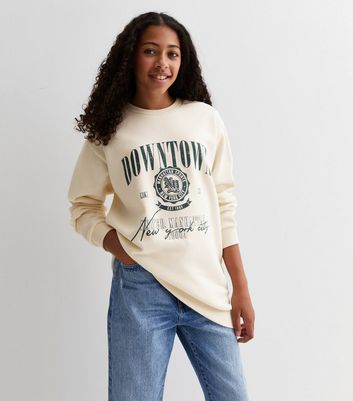 Girls Cream Downtown Logo Longline Sweatshirt New Look