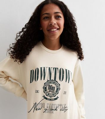 Girls Cream Downtown Logo Longline Sweatshirt New Look