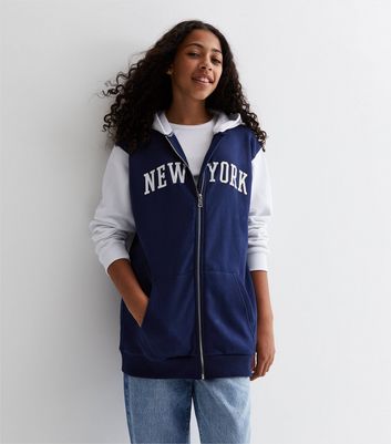 Girls Navy New York Long Logo Hoodie New Look