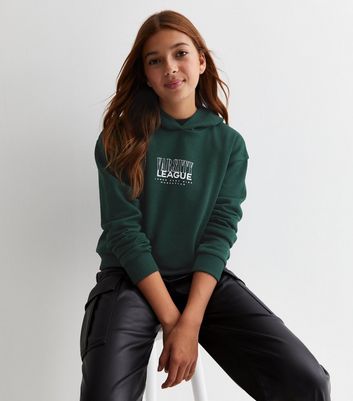 Girls Dark Green Varsity Crop Logo Hoodie New Look