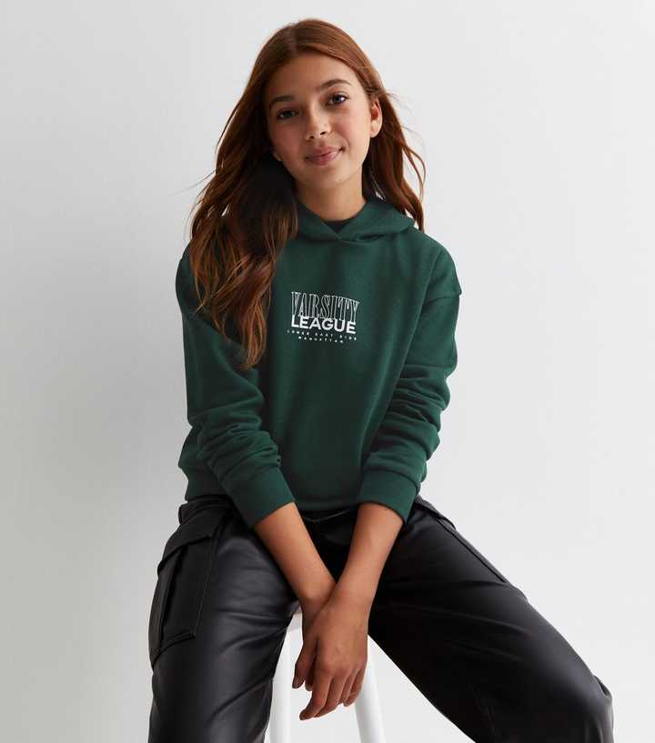 Girls Dark Green Varsity Crop Logo Hoodie