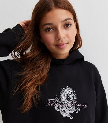 Girls Black Dragon Long Logo Hoodie New Look