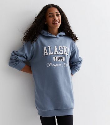 Girls Blue Jersey Alaska Long Logo Hoodie New Look