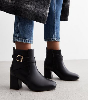 Extra Wide Fit Black Leather-Look Buckle Block Heel Boots New Look