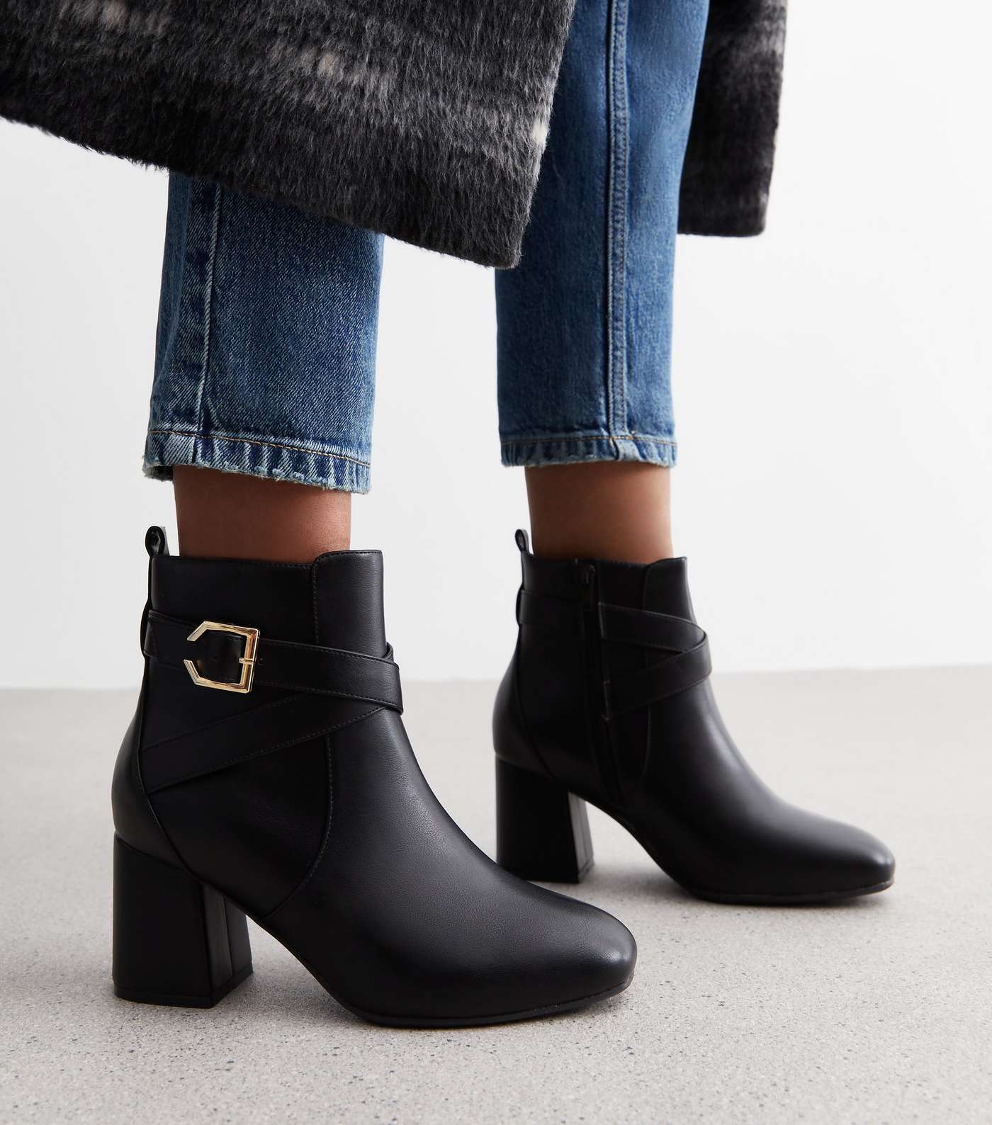 Extra Wide Fit Black Leather-Look Buckle Block Heel Boots Image 2