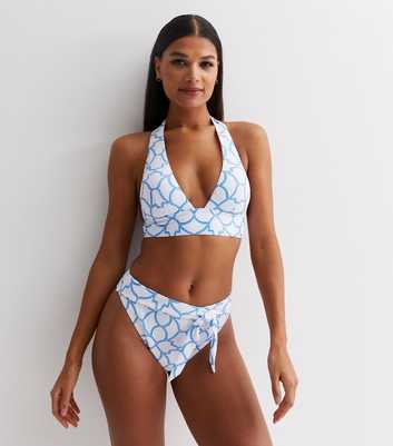White Geometric Print Halter Neck Bikini Top