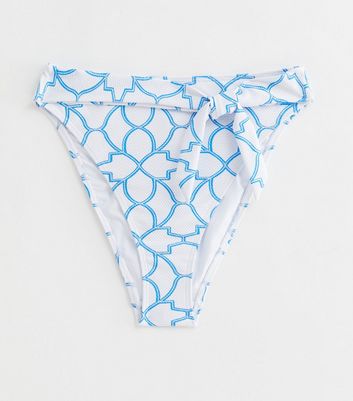 White Geometric Print Tie High Waist Bikini Bottoms New Look
