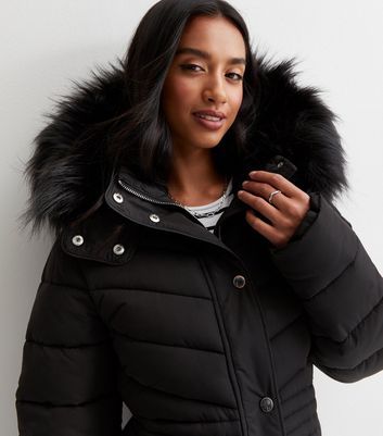 Black bubble jacket with fur hood on sale