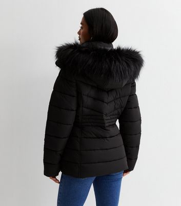 Petite black faux fur clearance hood fitted puffer jacket