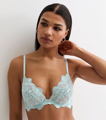 Mint Green Floral Embroidered Non Padded Bra New Look