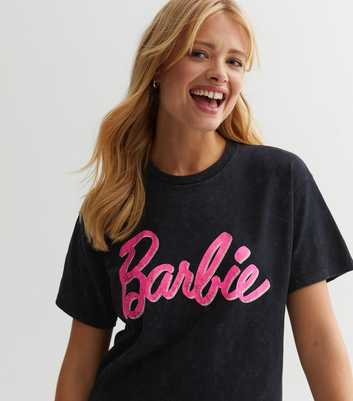 Black Acid Wash Cotton Barbie Logo Oversized T-Shirt