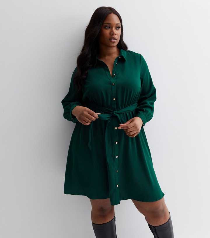 Curves Dark Green Belted Mini Shirt Dress | New Look