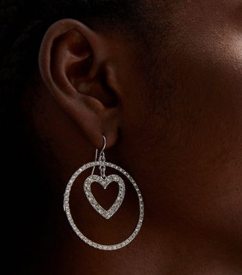 Silver Diamante Heart Drop Hoop Earrings New Look