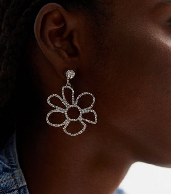 Silver Diamante Doodle Flower Drop Earrings New Look