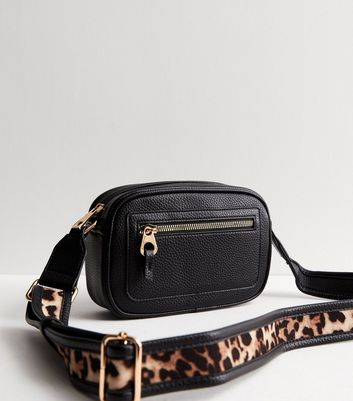 Black Leather Look Leopard Strap Cross Body Bag New Look