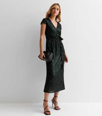 Gini London Dark Green Sequin Belted Wrap Midi Dress