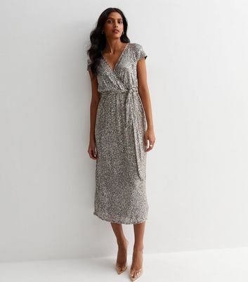 Gini London Pewter Sequin Belted Midi Wrap Dress New Look