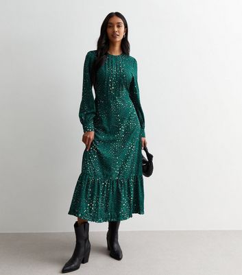 Gini London Dark Green Leopard Print Midi Dress New Look