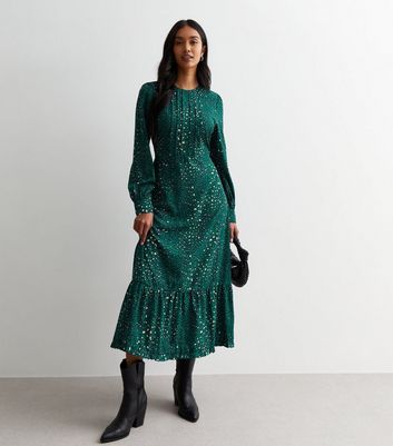 Gini London Dark Green Leopard Print Midi Dress | New Look