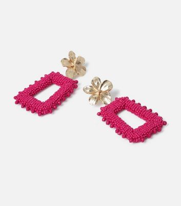 Freedom Bright Pink Beaded Square Drop Earrings New Look
