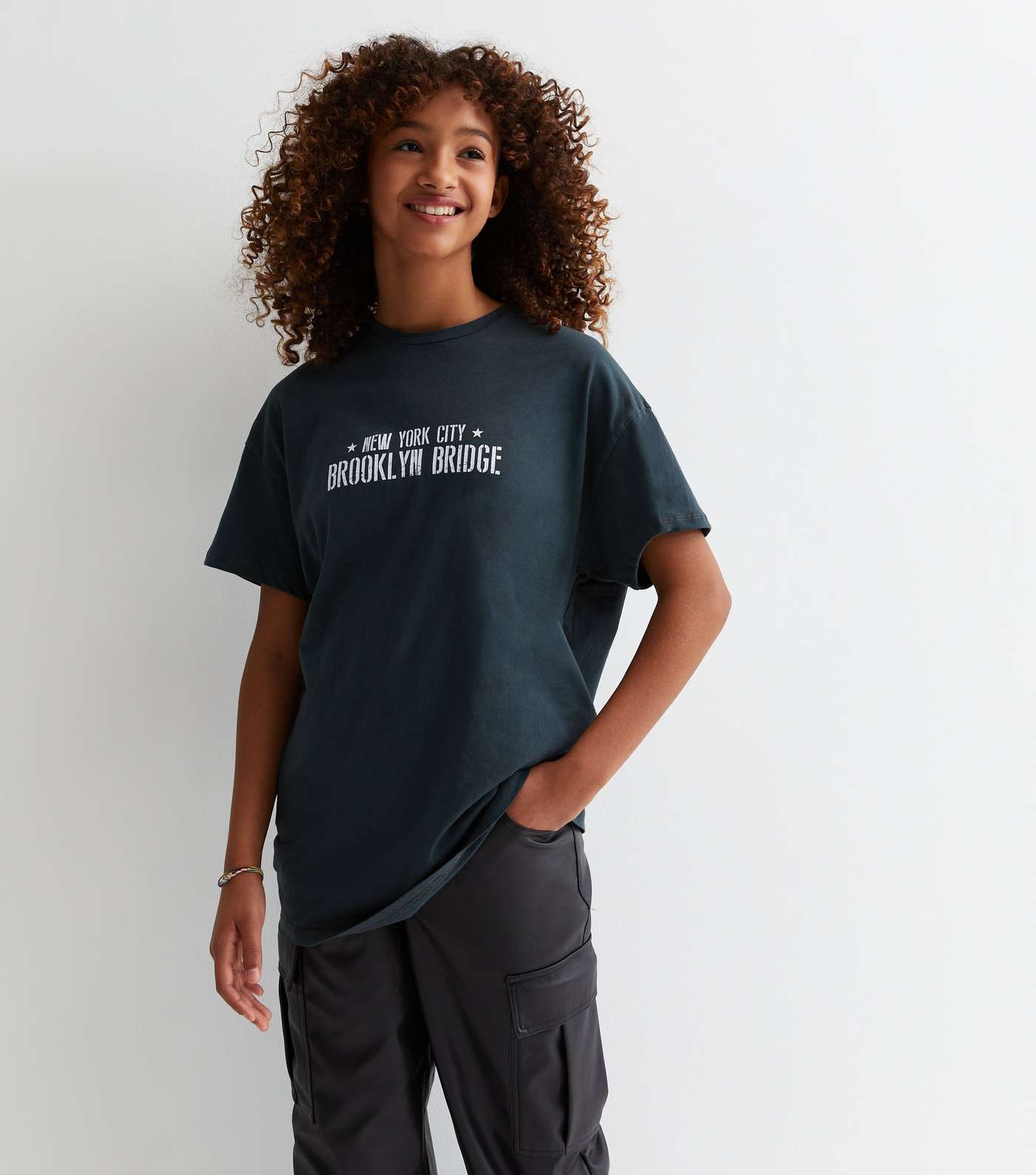 Girls Dark Grey Cotton Brooklyn Logo Long Oversized T-Shirt Image 2