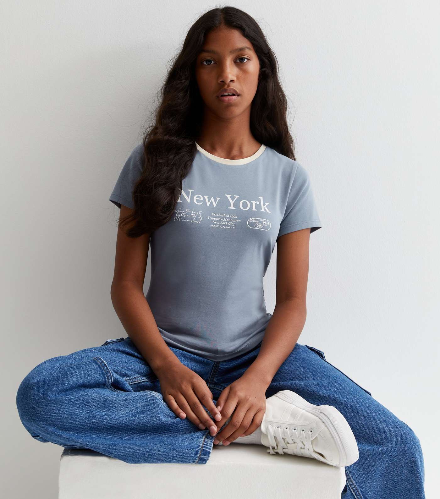 Girls Blue New York Logo Ringer T-Shirt Image 2