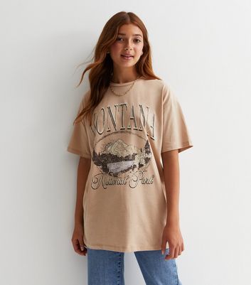 Girls Camel Cotton Montana Oversized Long Logo T-Shirt New Look