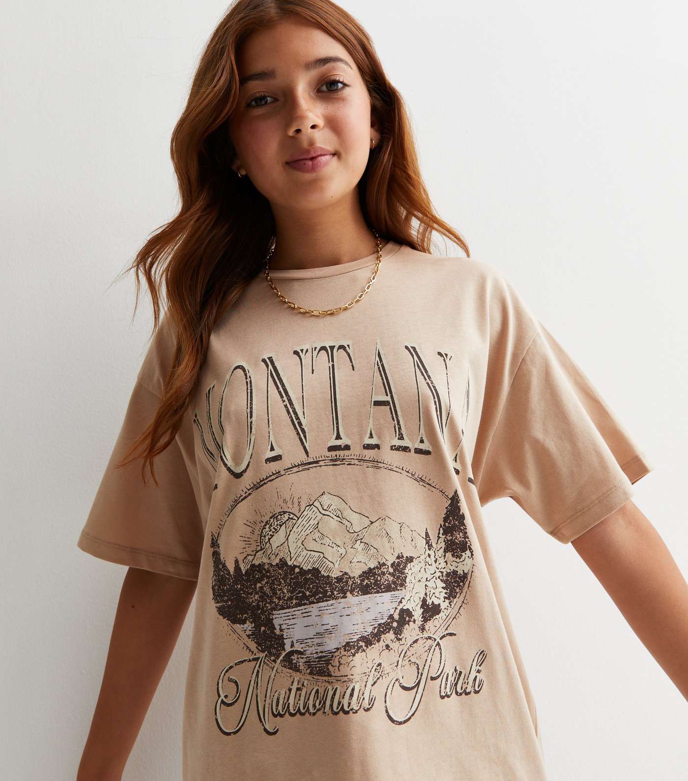 Girls Camel Cotton Montana Oversized Long Logo T-Shirt Image 2