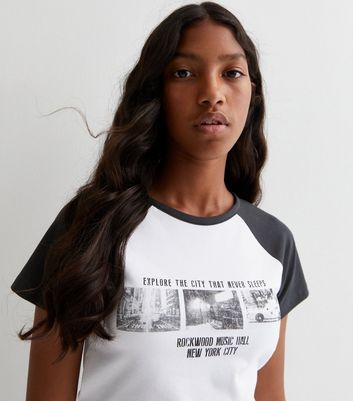 Girls Dark Grey NYC Graphic Raglan T-Shirt New Look