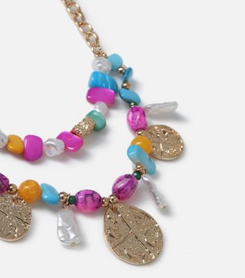 Freedom Multicoloured Gemstone and Coin Layered Necklace New Look