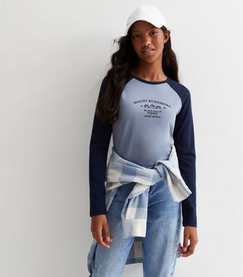 Girls Blue Mount Rushmore Logo Long Sleeve Raglan Top New Look