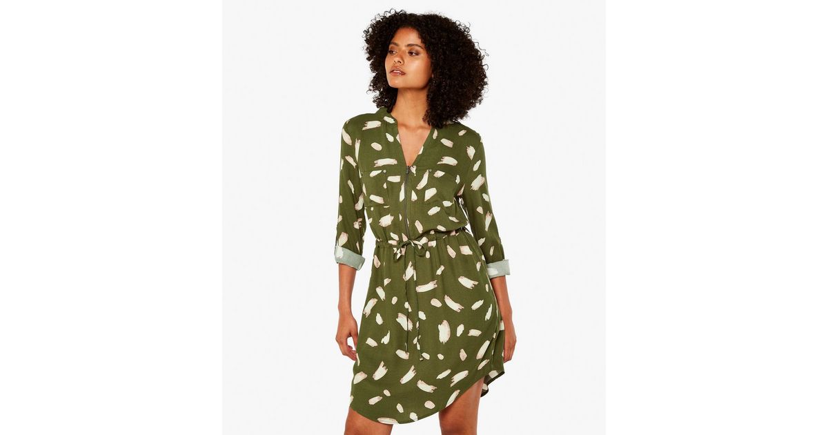 Apricot Green Abstract Print Zip Front Mini Shirt Dress New Look