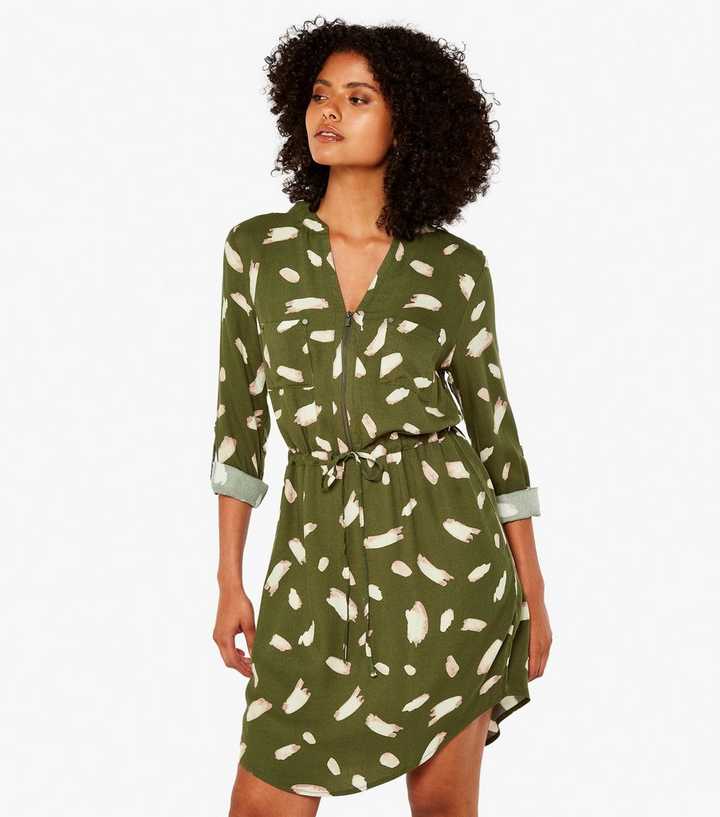 Apricot Green Abstract Print Zip Front Mini Shirt Dress | New Look