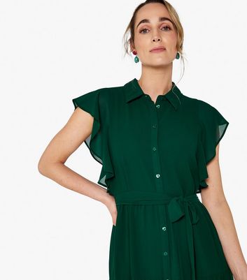 Apricot Dark Green Flutter Sleeve Belted Midi Shirt Dress New Look