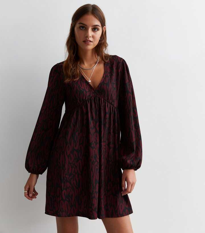 Black Animal Print V Neck Long Sleeve Mini Dress New Look