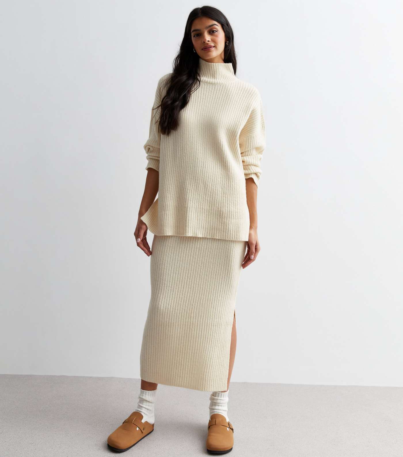 Cream Ribbed Knit Midi Skirt