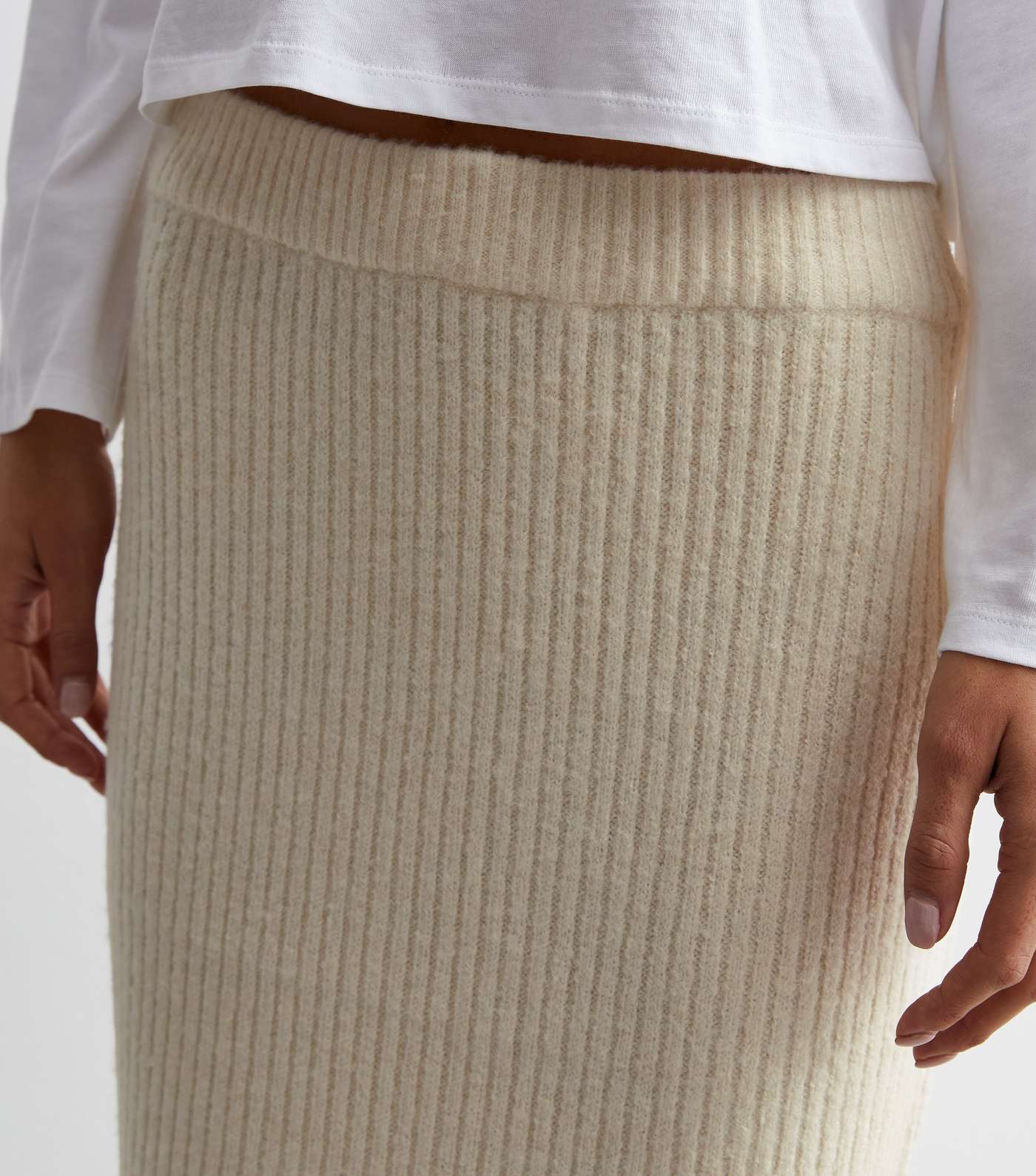 Cream Ribbed Knit Midi Skirt Image 3