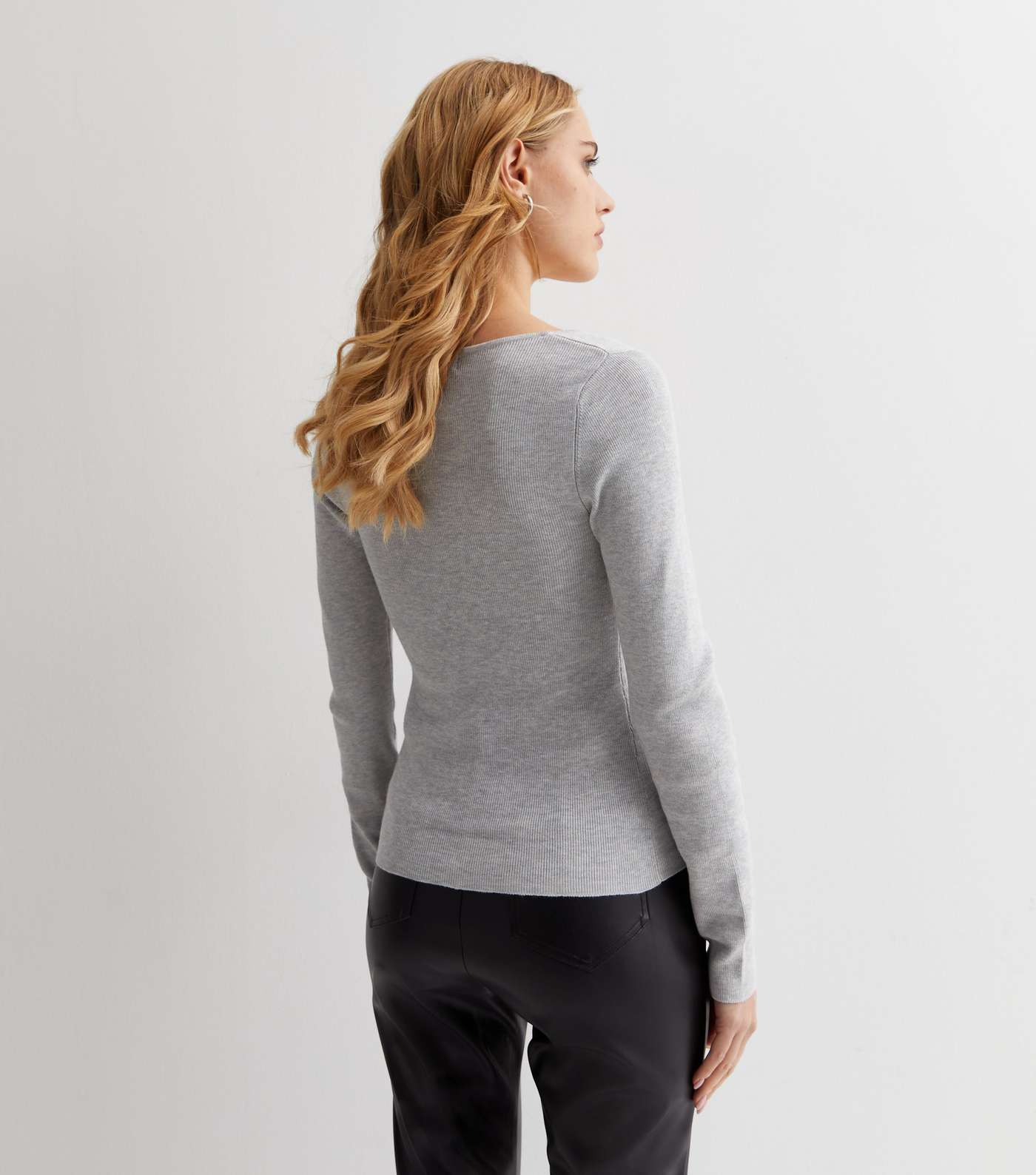 Pale Grey Ribbed Knit Sweetheart Neck Jumper Image 4