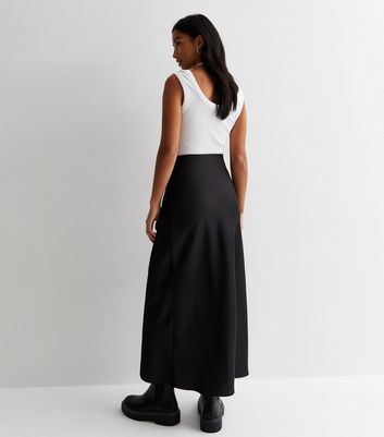 Petite Black Satin Bias Cut Midi Skirt New Look