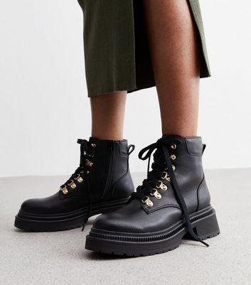 Black Leather-Look Chunky Biker Boots New Look