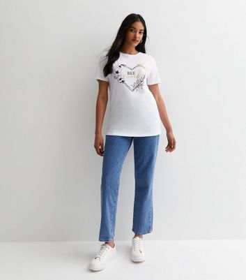 White Cotton Bee Loved Logo Heart T-Shirt New Look
