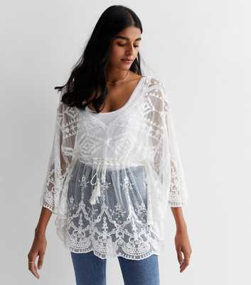 Gini London White Lace Embroidered Tie Front Top